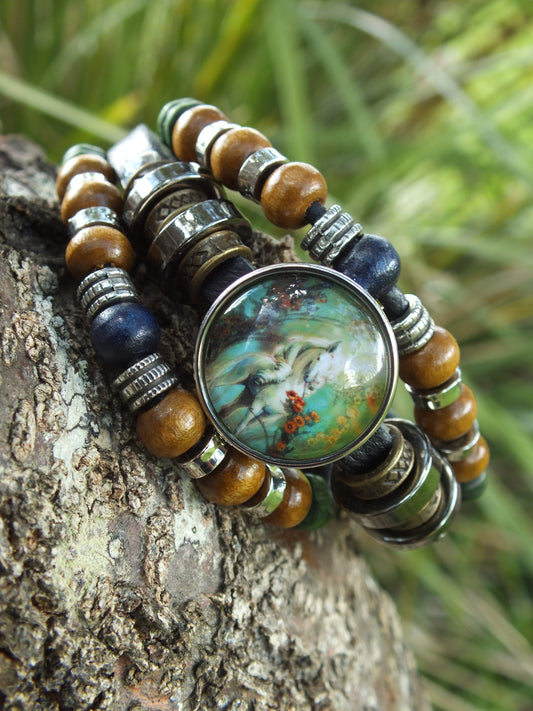 Black Leather and Bead Floral Unicorn Snap Button Bracelet