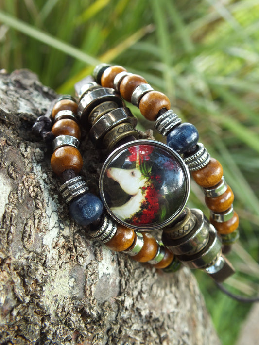 Brown Leather and Bead Floral Unicorn Snap Button Bracelet