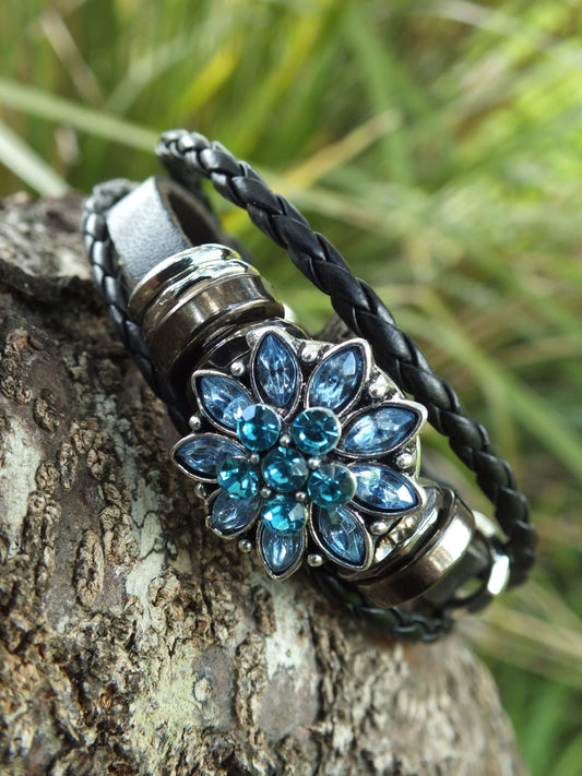 Black Leather Diamante Flower Snap Button Bracelet
