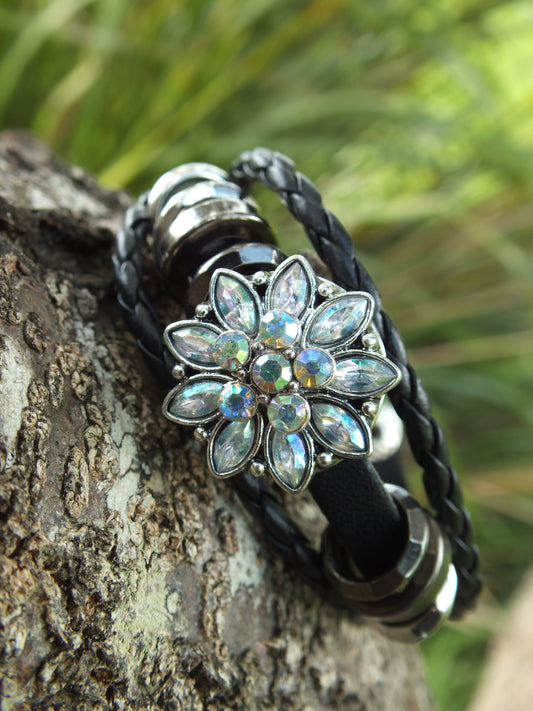 Black Leather Diamante Flower Snap Button Bracelet