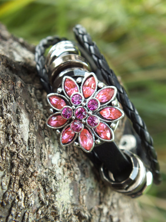 Black Leather Diamante Flower Snap Button Bracelet