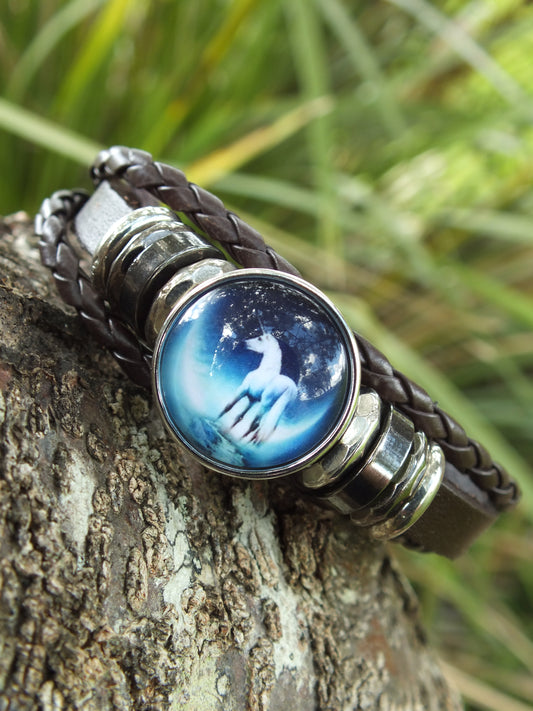 Brown Leather Unicorn Snap Button Bracelet