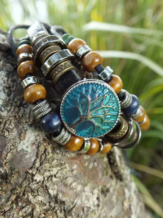 Black Leather and Bead Tree Of Life Snap Button Bracelet