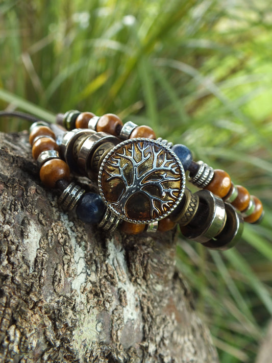 Brown Leather and Bead Tree Of Life Snap Button Bracelet