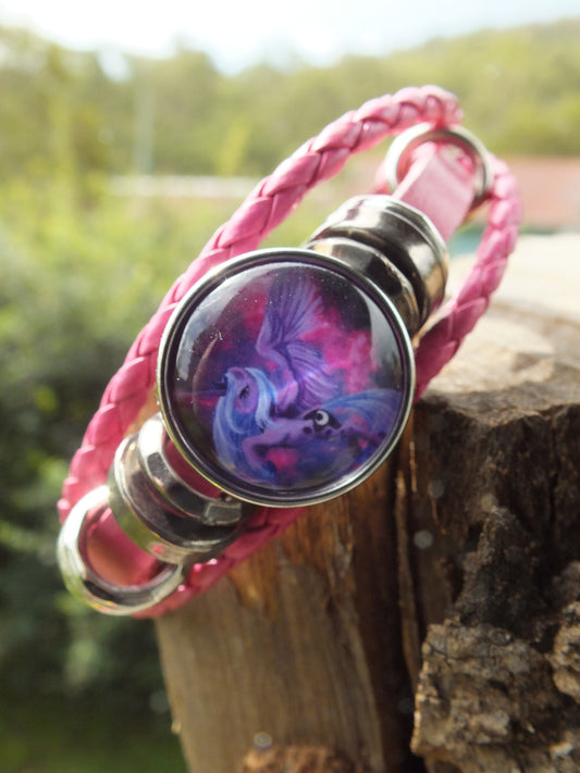 Pink Leather Unicorn Snap Button Bracelet