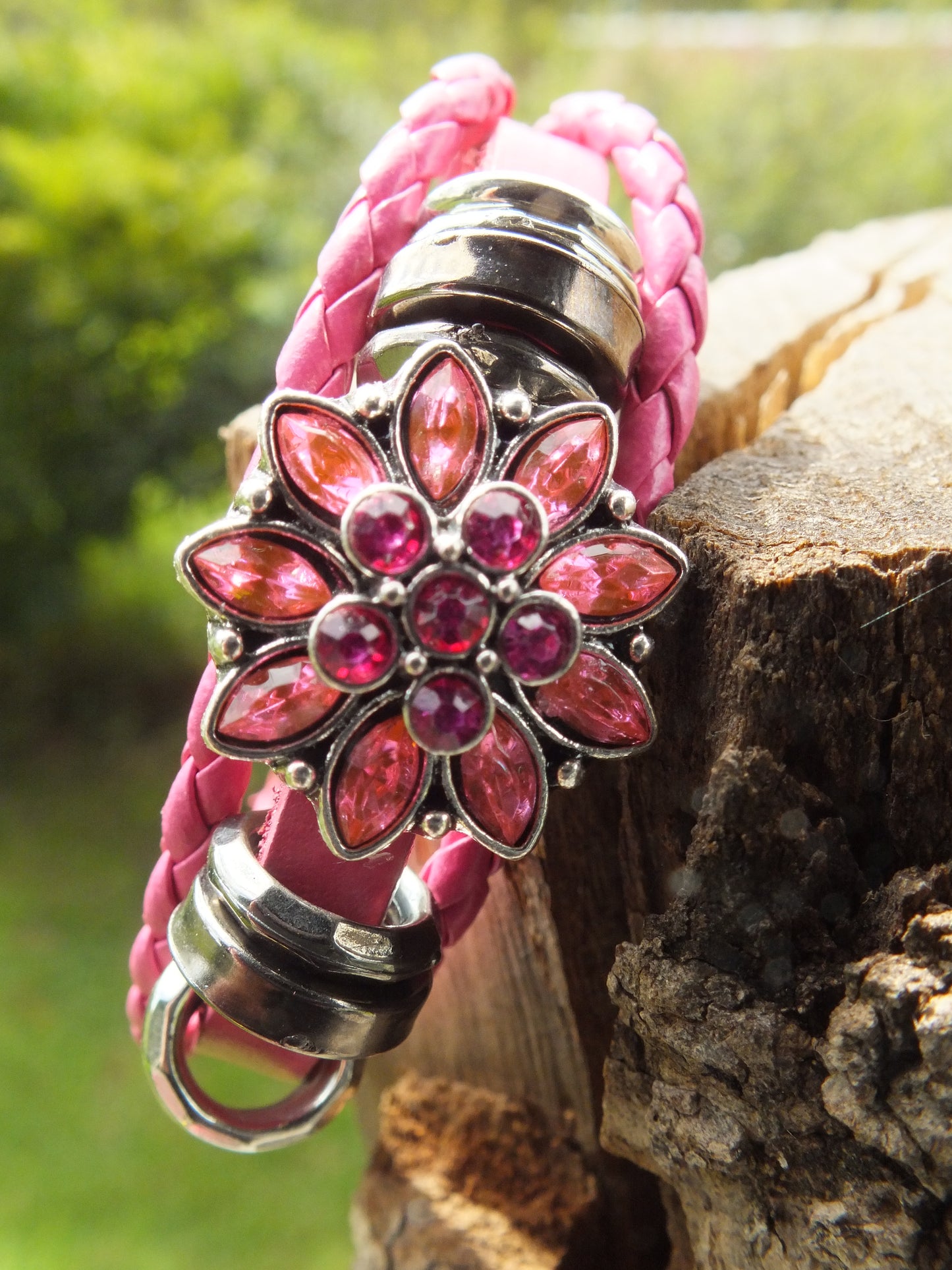 Pink Leather Diamante Flower Snap Button Bracelet