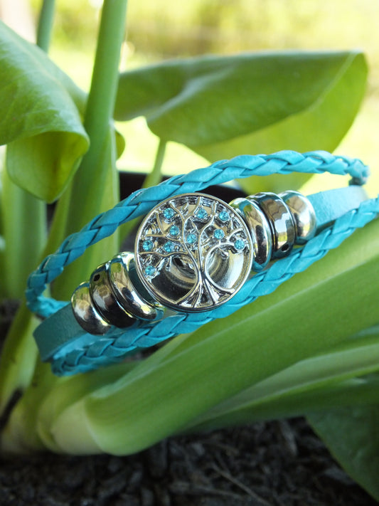 Blue Leather Diamante Tree Of Life Snap Button Bracelet