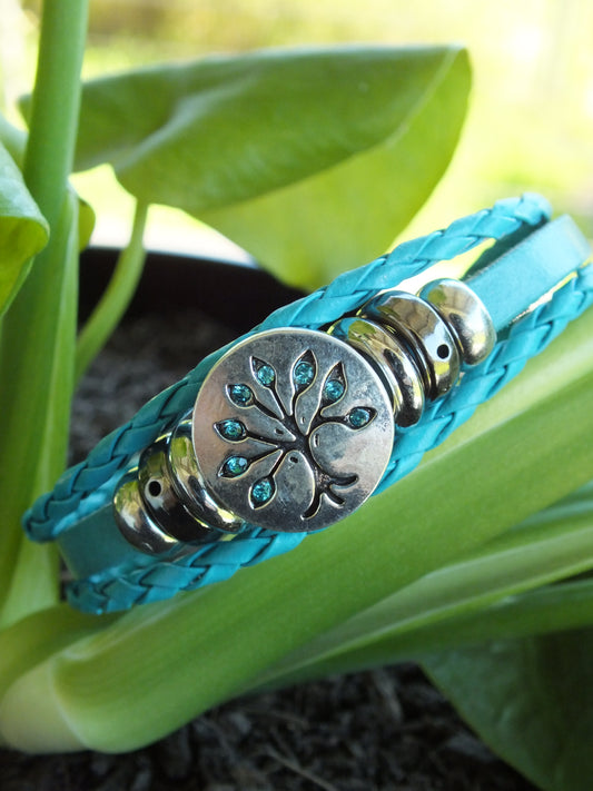 Blue Leather Diamante Tree Of Life Snap Button Bracelet