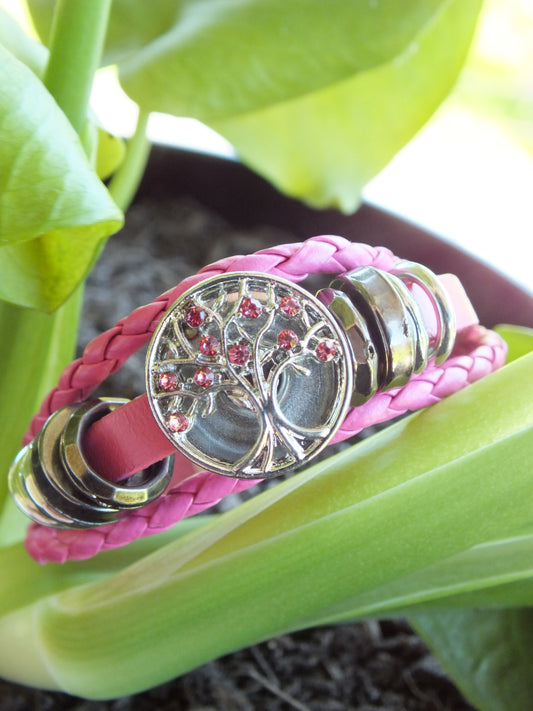 Pink Leather Diamante Tree Of Life Snap Button Bracelet