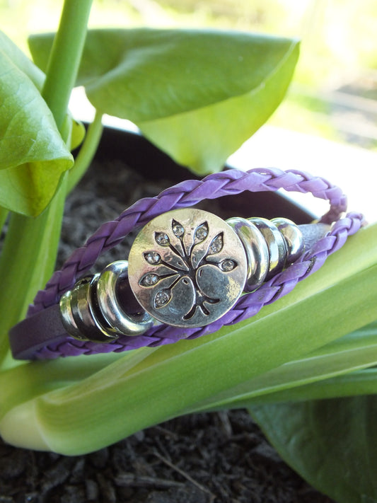 Purple Leather Diamante Tree Of Life Snap Button Bracelet