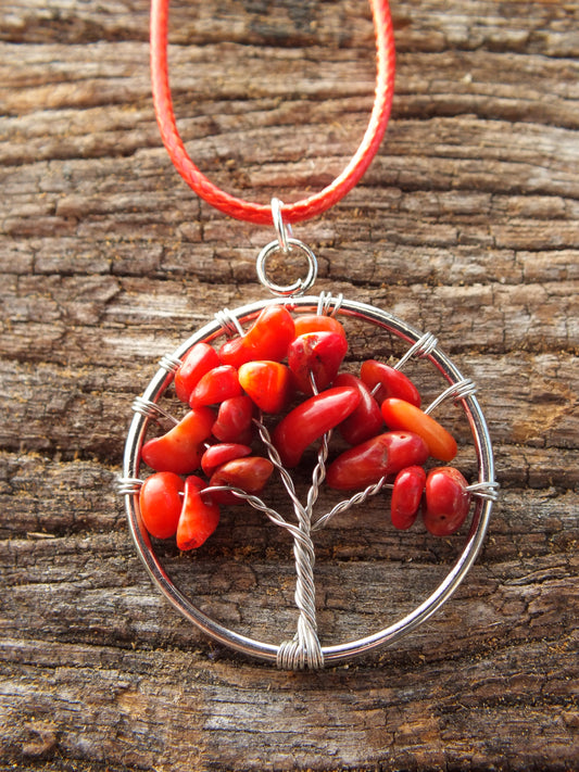 Coral Chip Wire Tied Tree Of Life Necklace