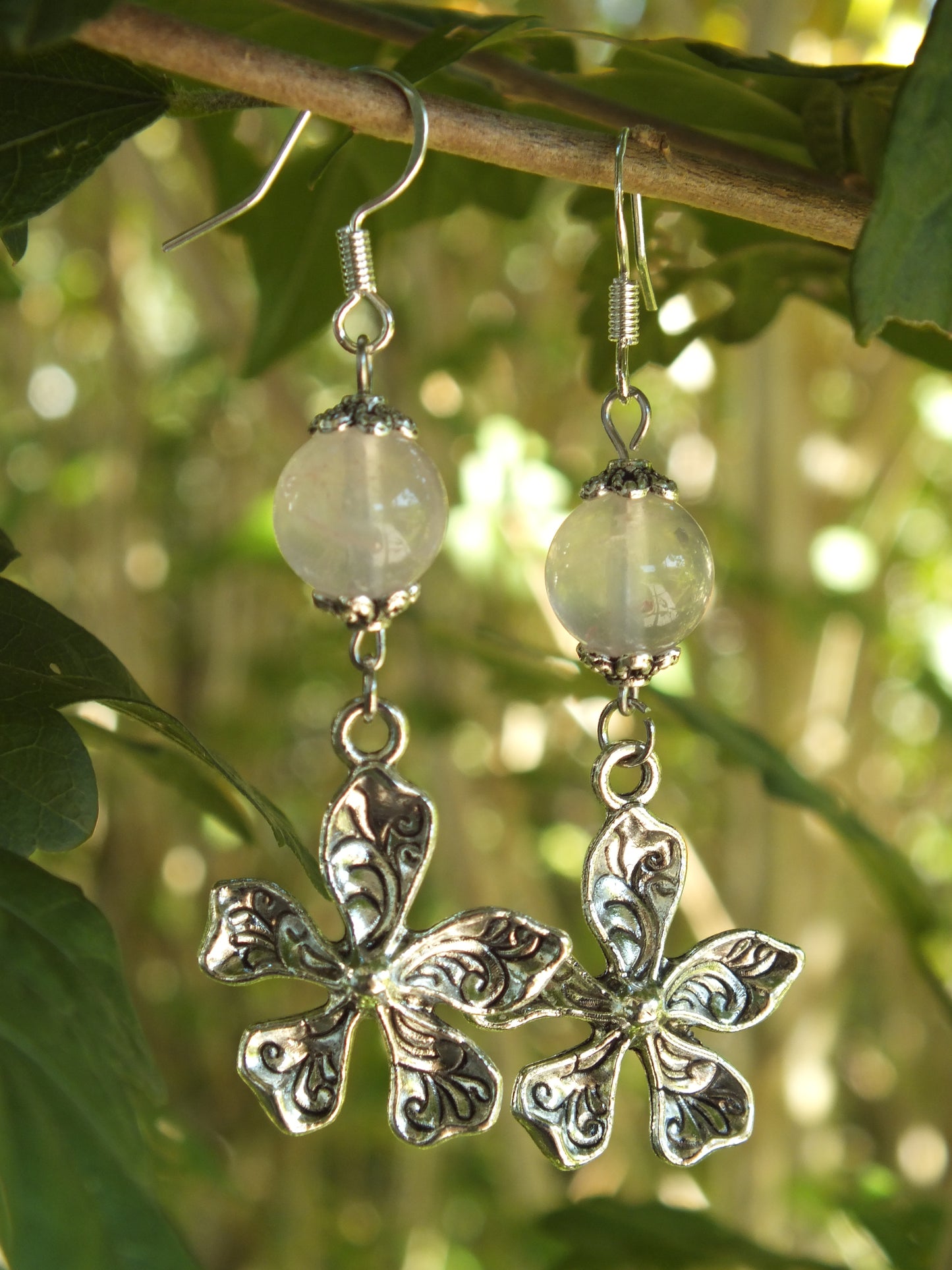 Rose Quartz Flower Charm Earrings