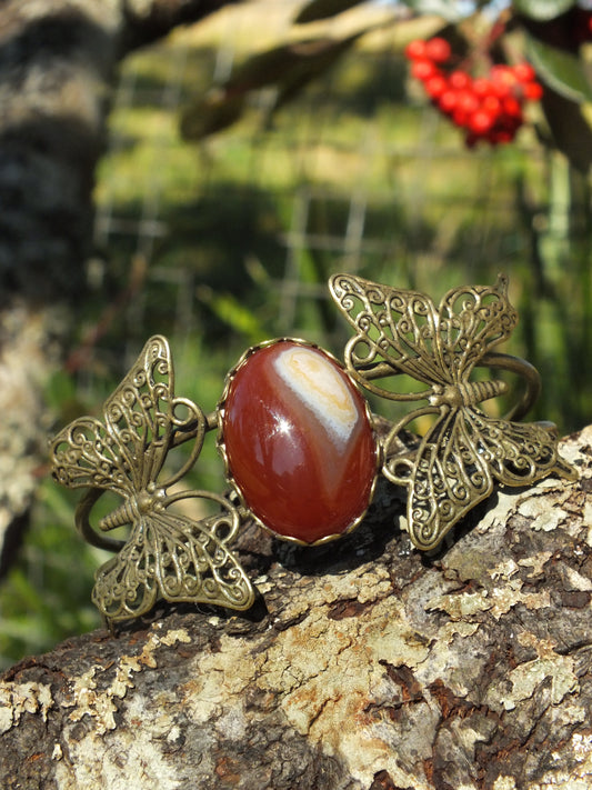 Antique Bronzed Copper Butterfly & Red Agate Bracelet