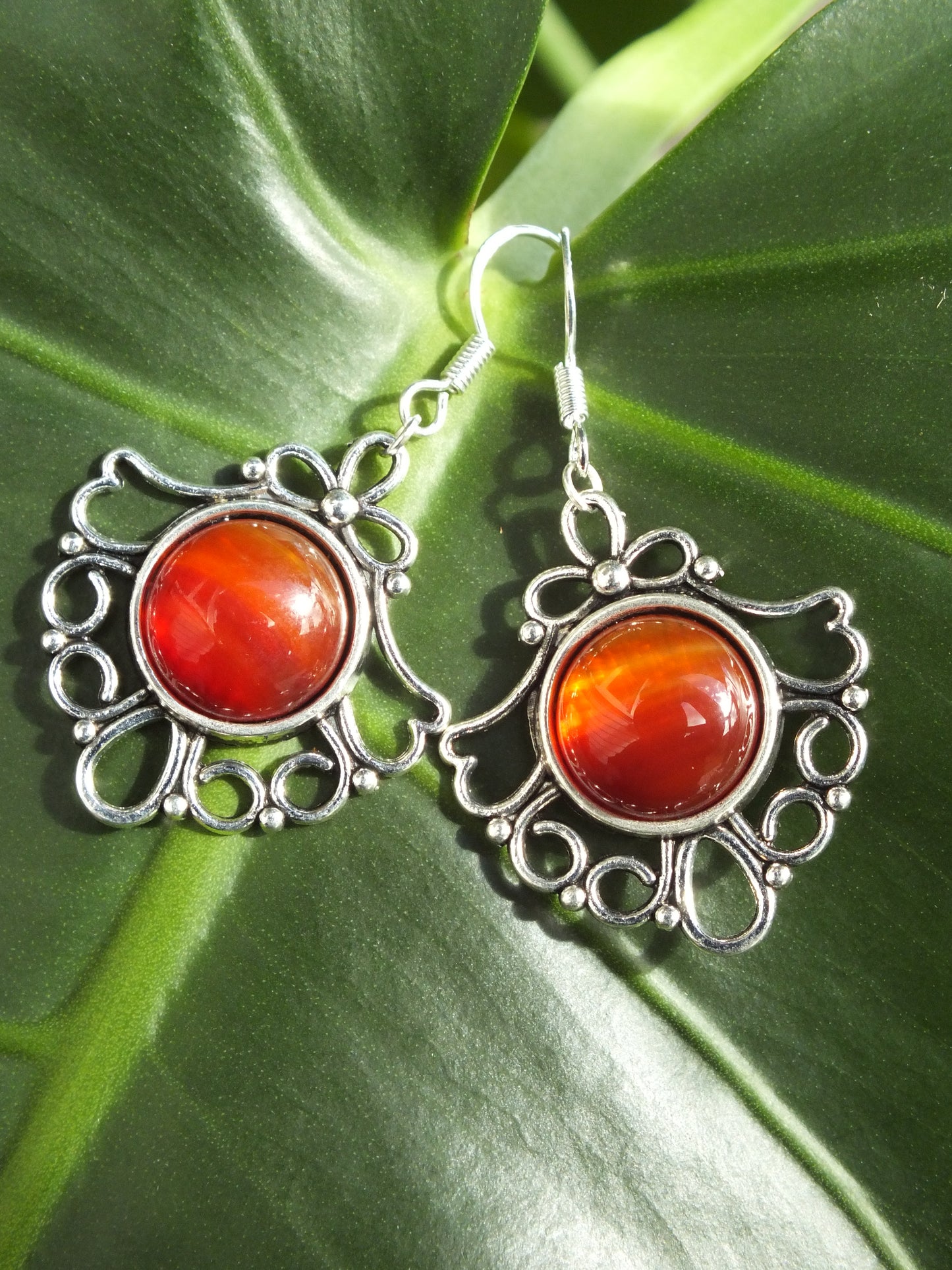 Red Agate Cabochon Dangle Earrings