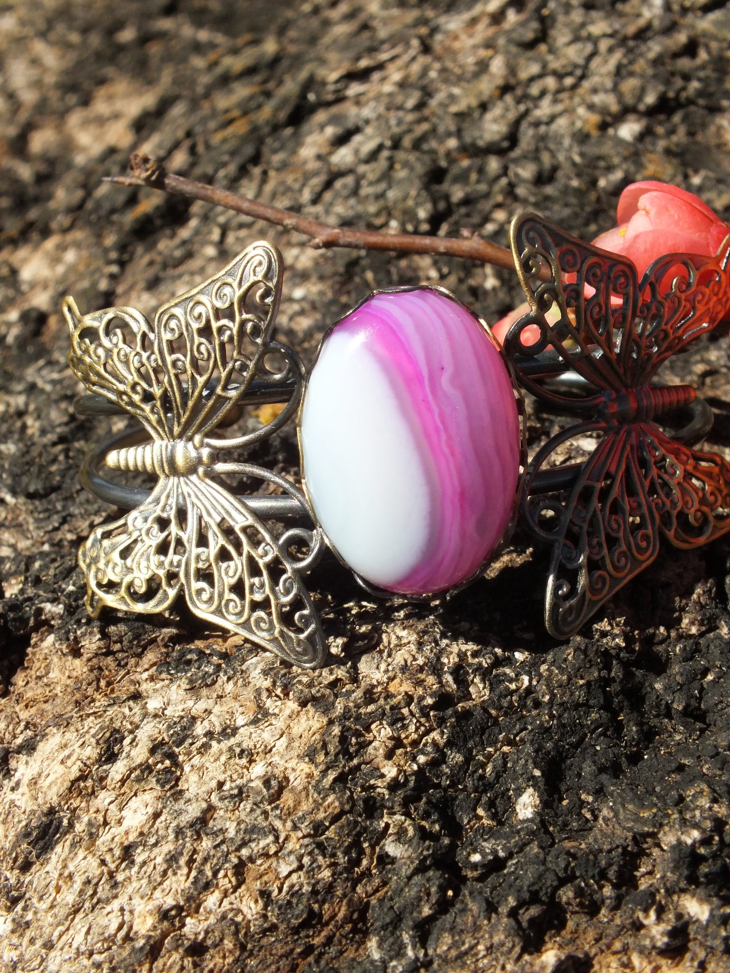 Antique Bronzed Copper Butterfly & Pink Agate Bracelet