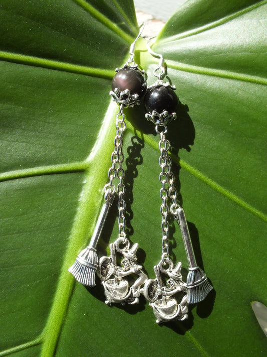 Obsidian Witch Chain Dangle Earrings