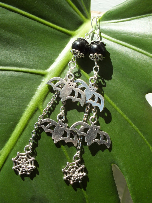 Obsidian Bat Chain Dangle Earrings