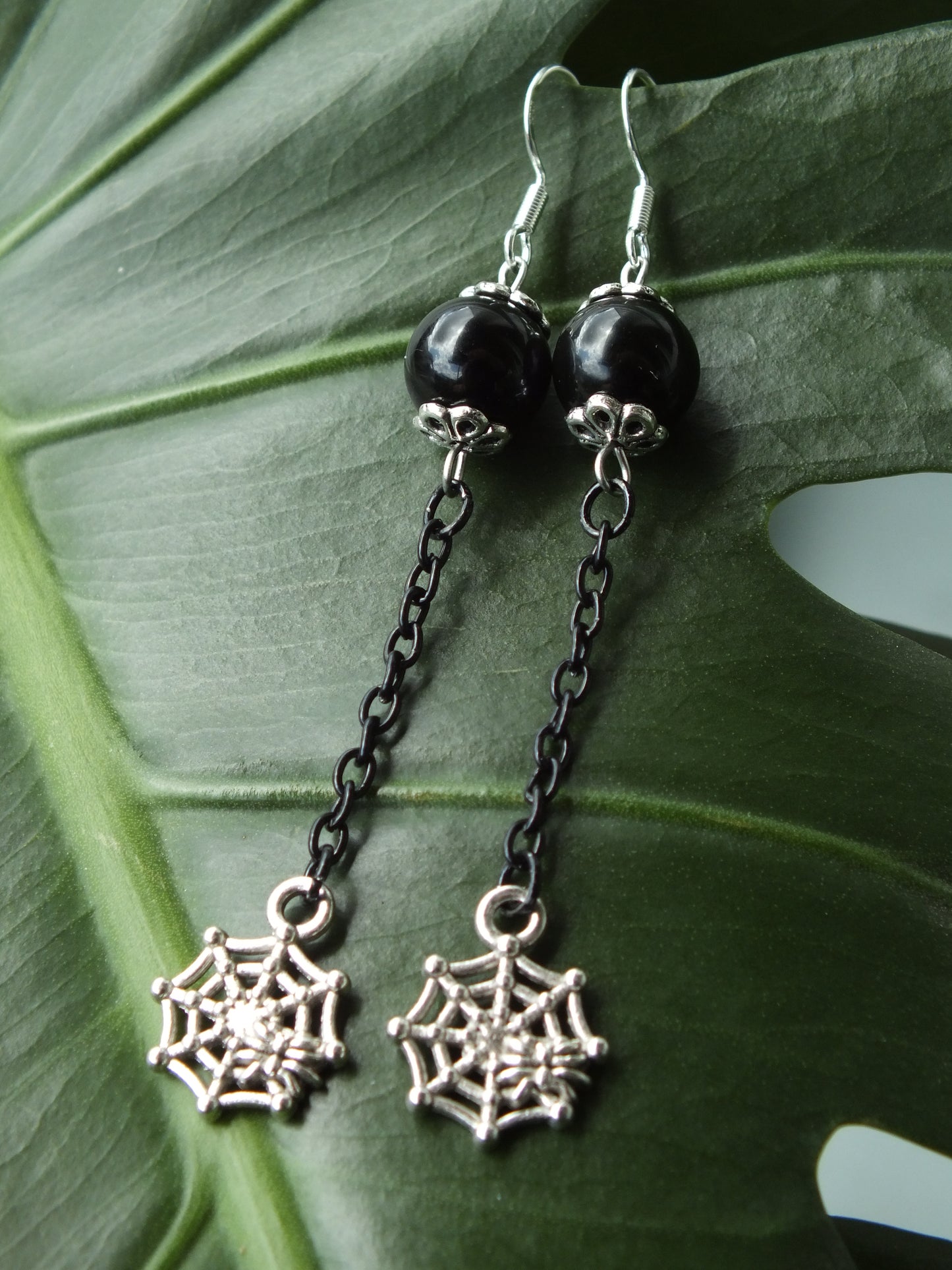 Obsidian Spider Web Chain Earrings