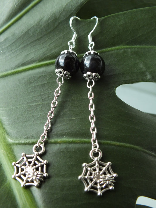 Obsidian Spider Web Chain Earrings