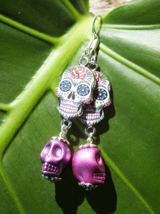 Metallic Pink Skull & Sugar Skull Earrings