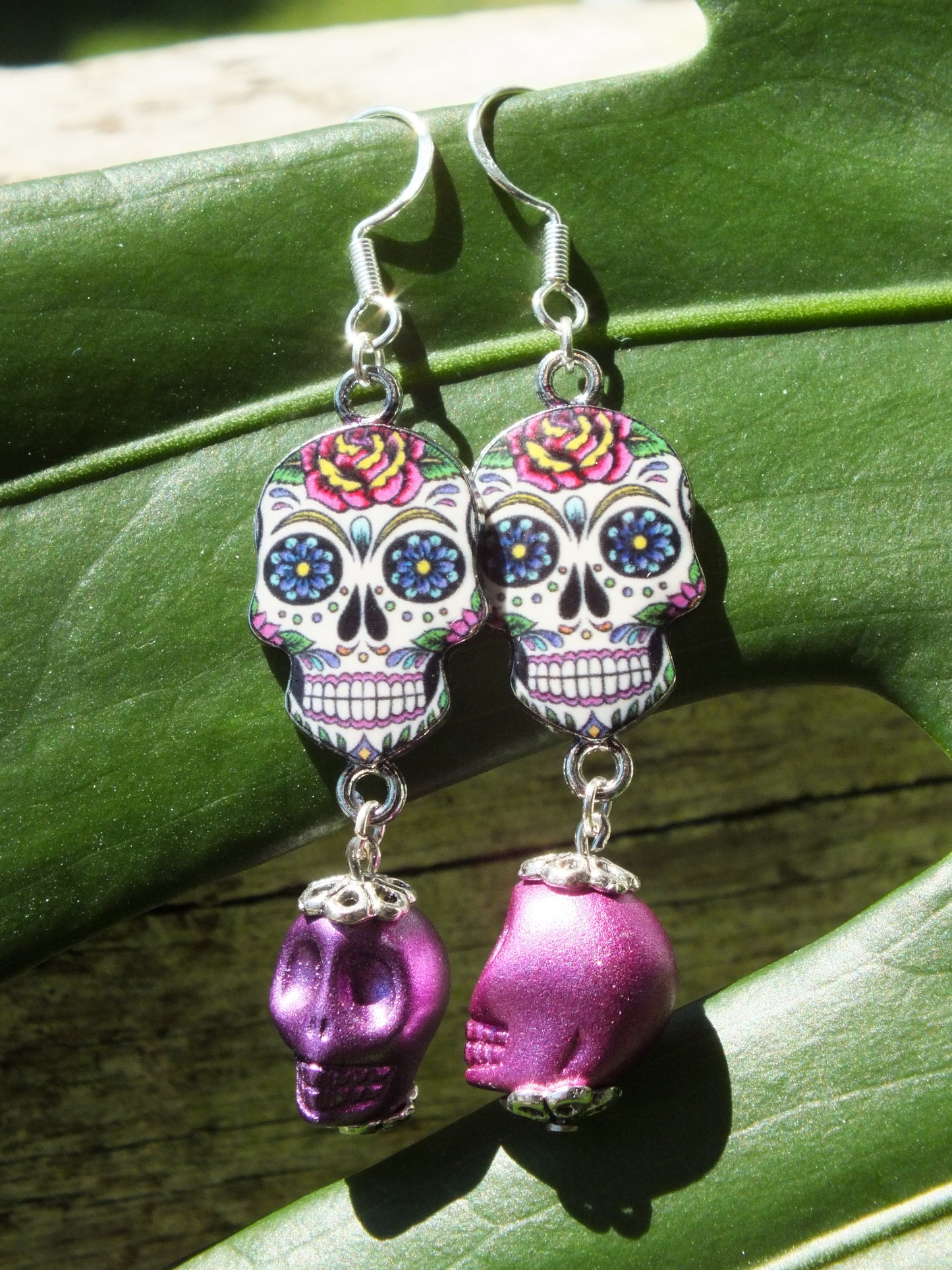 Metallic Pink Skull & Sugar Skull Earrings