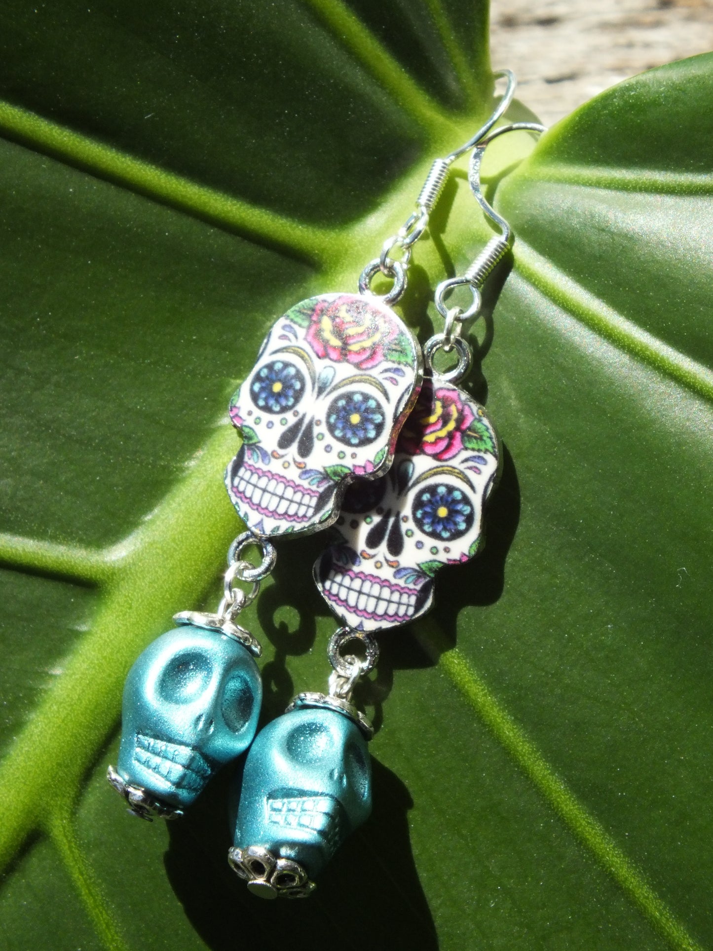 Metallic Blue Skull & Sugar Skull Earrings