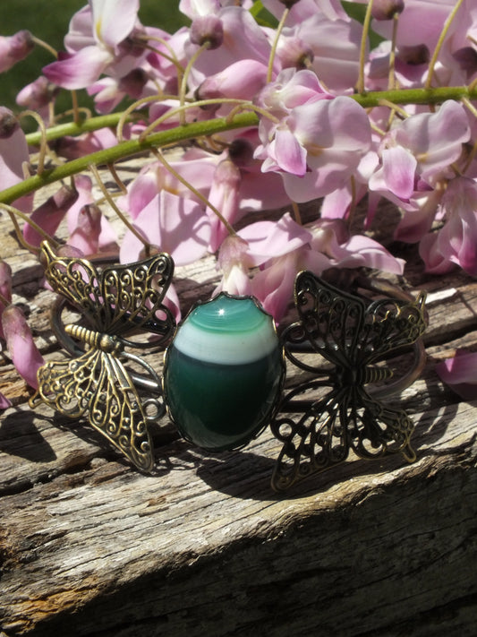 Antique Bronzed Copper Butterfly & Green Agate Bracelet