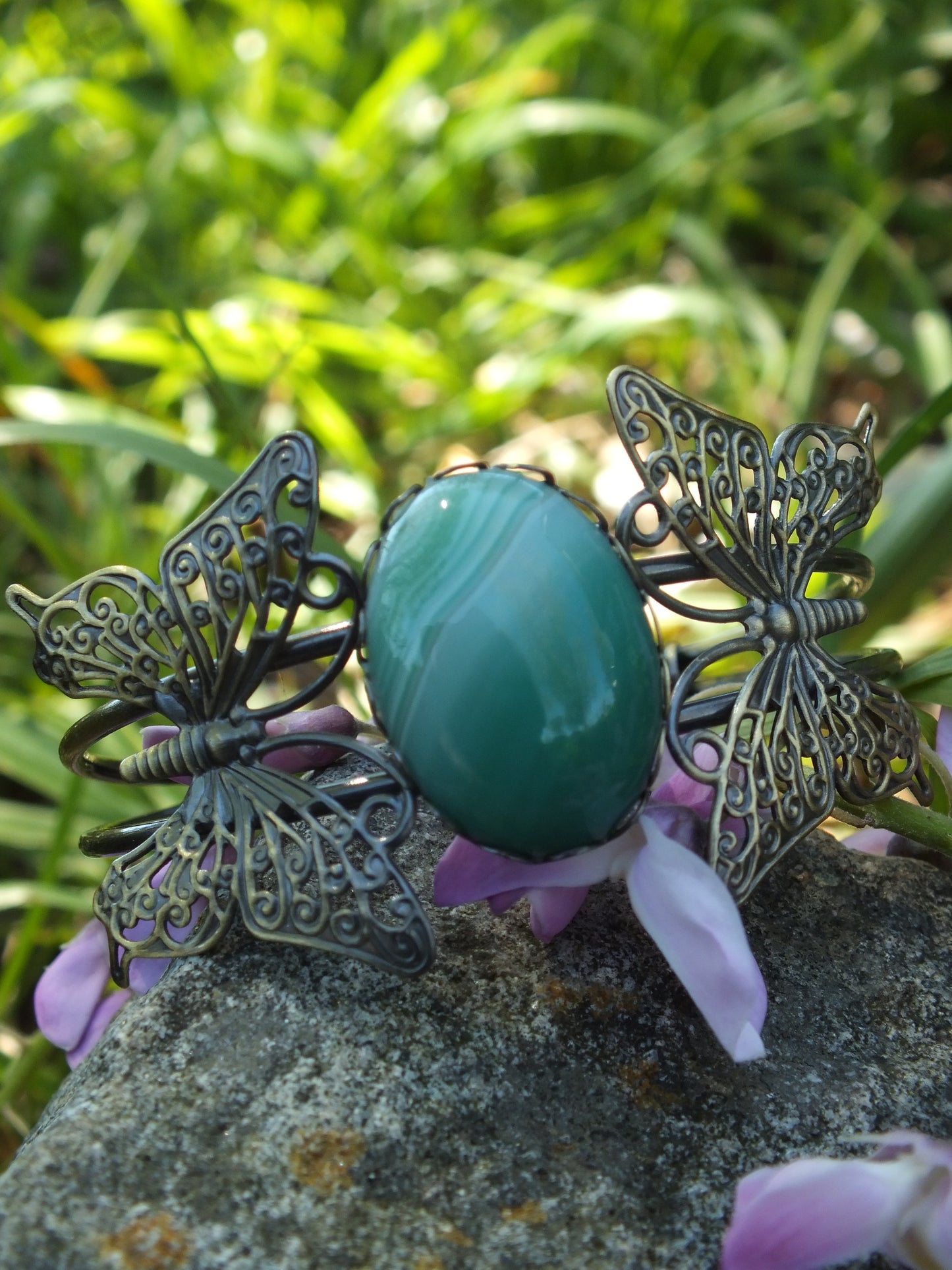 Antique Bronzed Copper Butterfly & Green Agate Bracelet