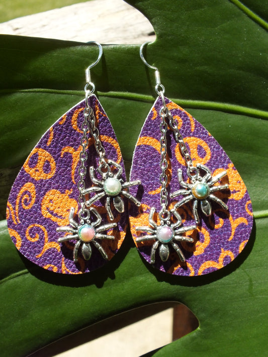 Halloween Leather & Chain Spider Earrings