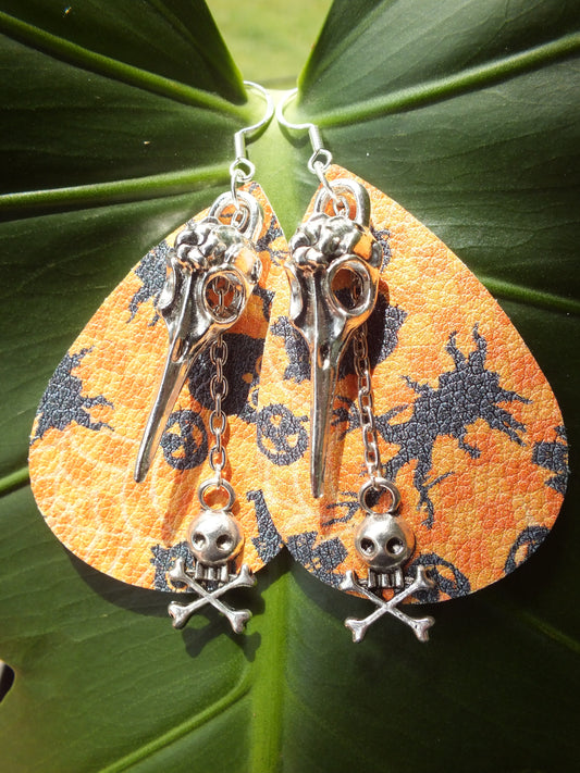 Halloween Leather & Chain Bird Skull Earrings