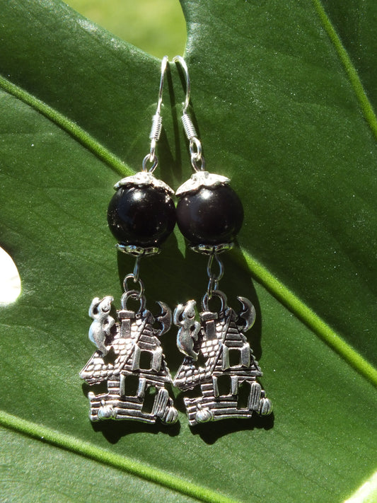 Obsidian Haunted House Earrings