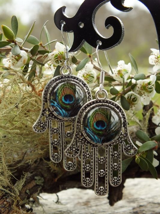 Peacock Hand Of Hamsa Earrings