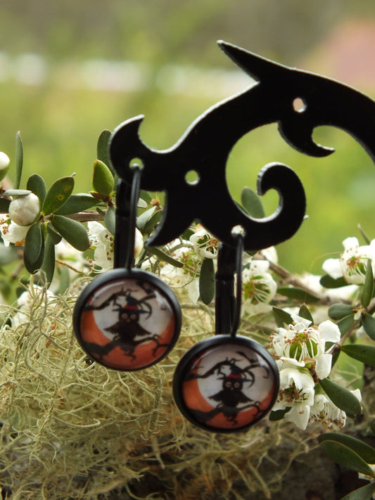 Owl In Witches Hat Cabochon Earrings