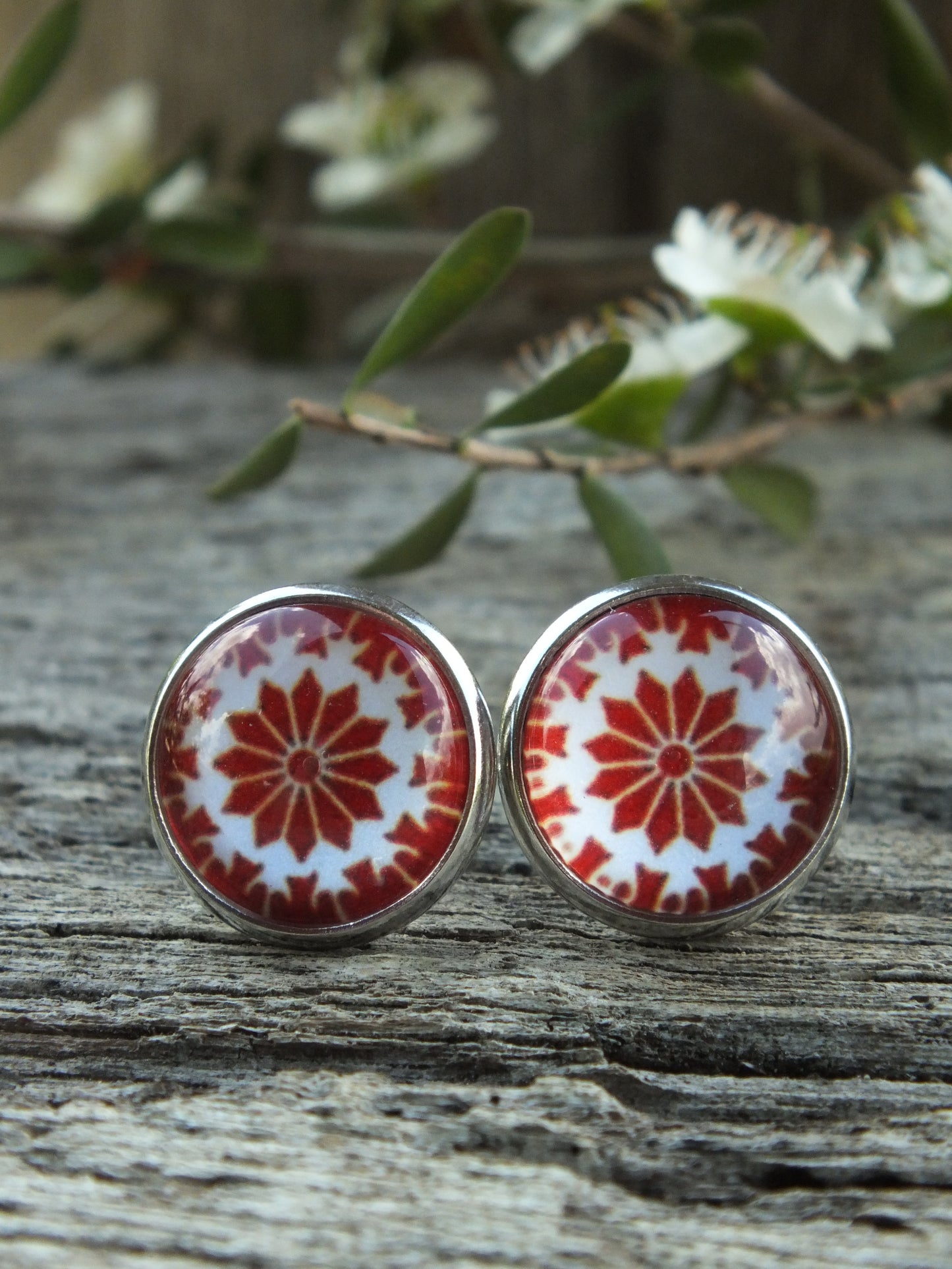 Christmas Snowflake Cabochon Stud Earrings