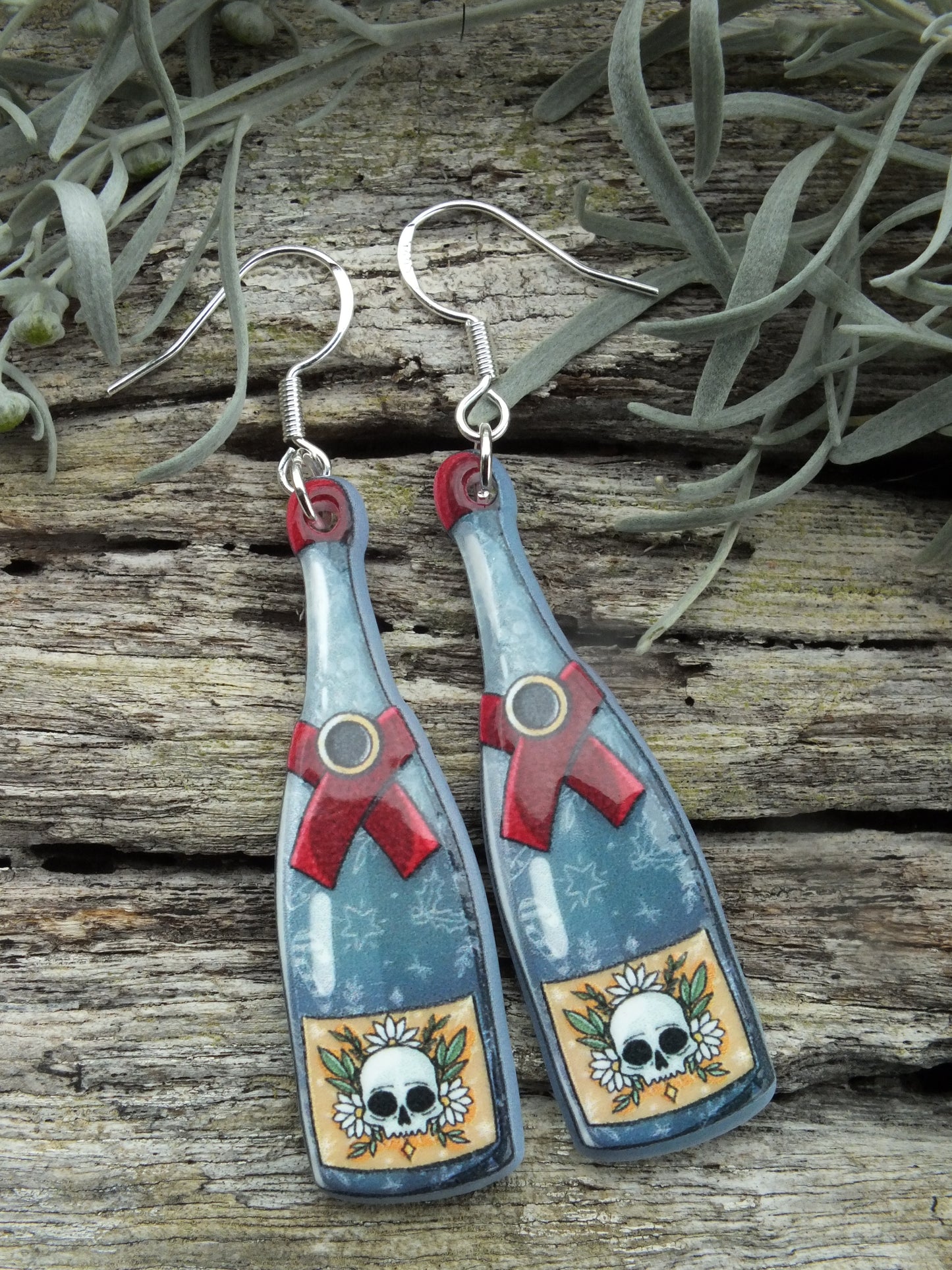 Alternative Christmas Skull Champagne Bottle Earrings