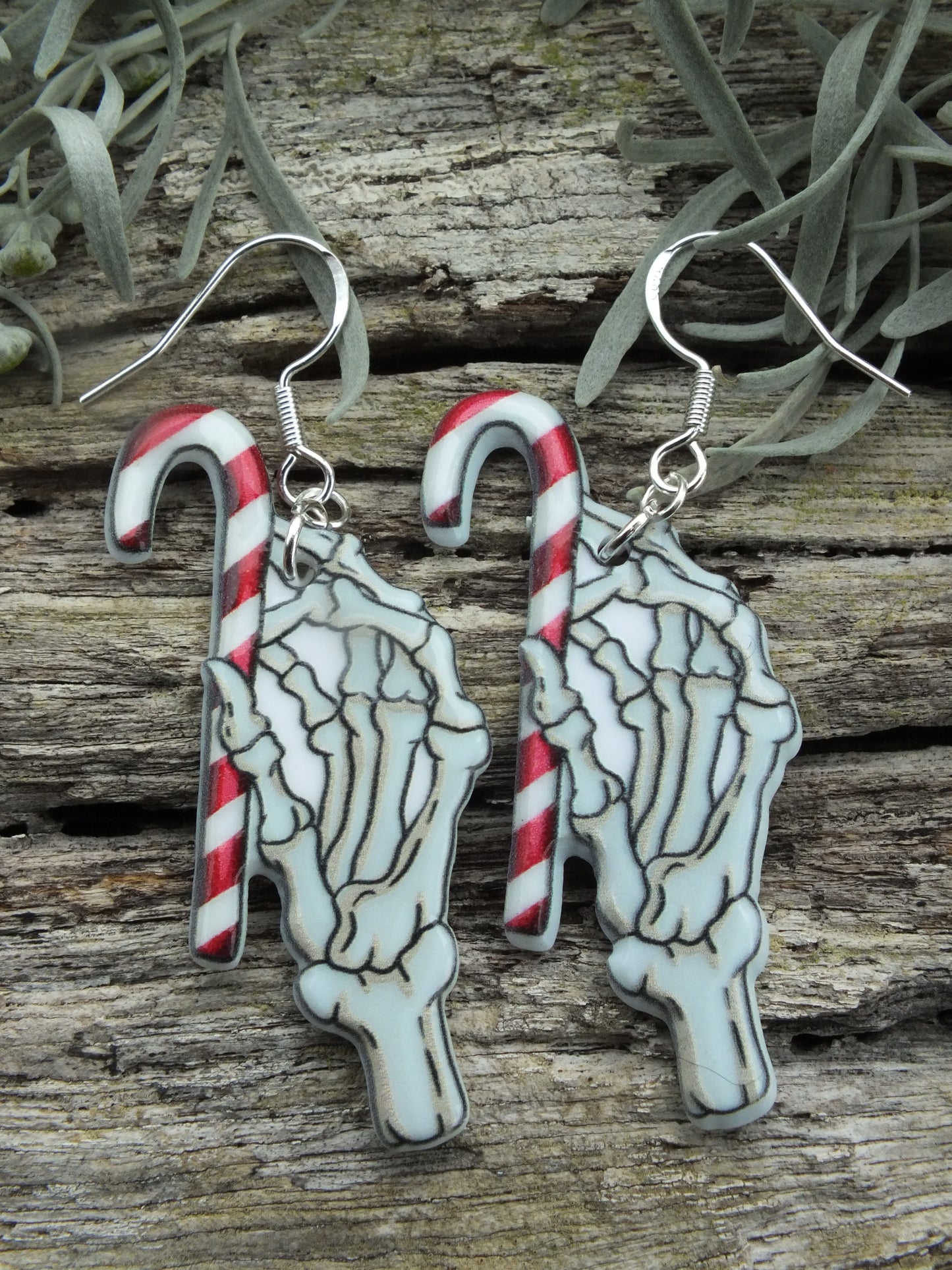 Alternative Christmas Skeletal Hand Candy Cane Earrings