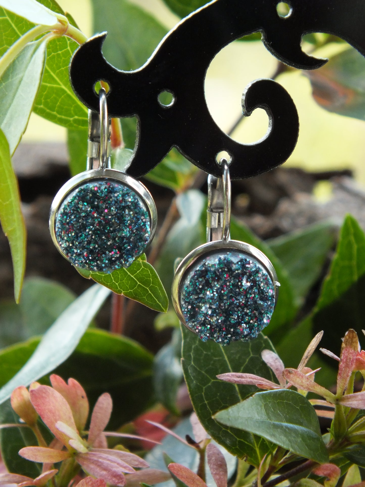 Druzy Peacock Ore Crystal Cluster Earrings