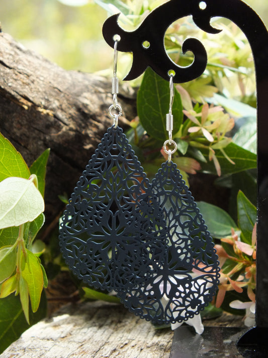 Navy Filigree Teardrop Earrings