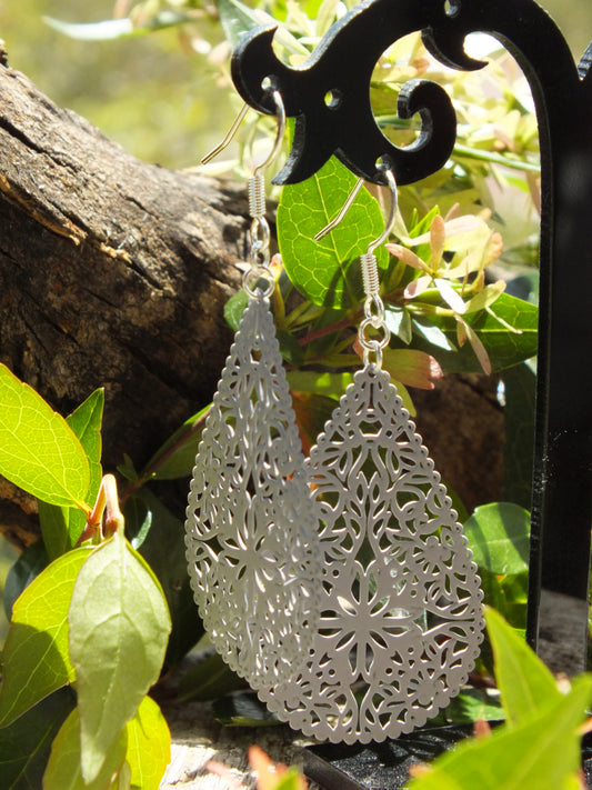 Lilac Grey Filigree Teardrop Earrings