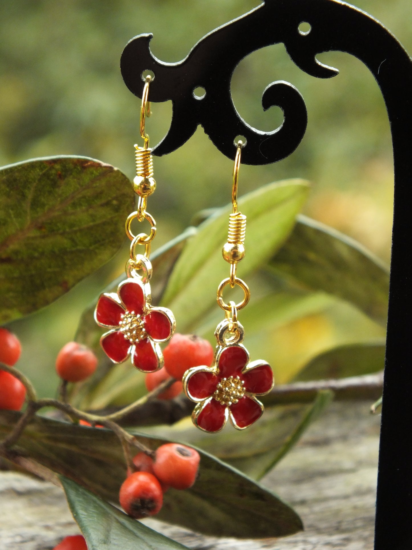 Gold Enamel Poppy  Earrings