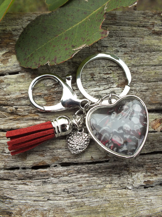 Garnet Chip Heart Keyring with Tassel & Heart Charm