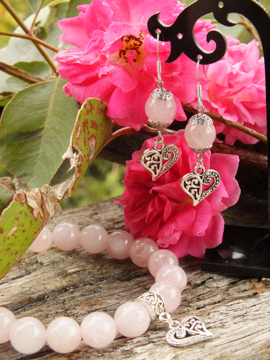 Rose Quartz Filigree Heart Jewellery Set