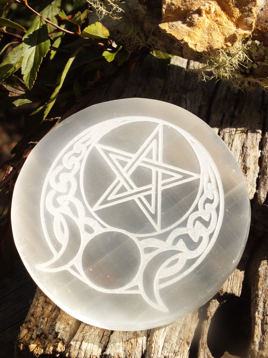 Selenite Triple Moon Goddess Pentacle Charging Plate