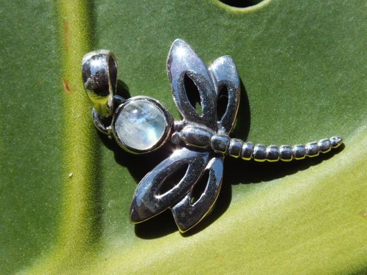 Sterling Silver & Rainbow Moonstone Dragonfly Pendant