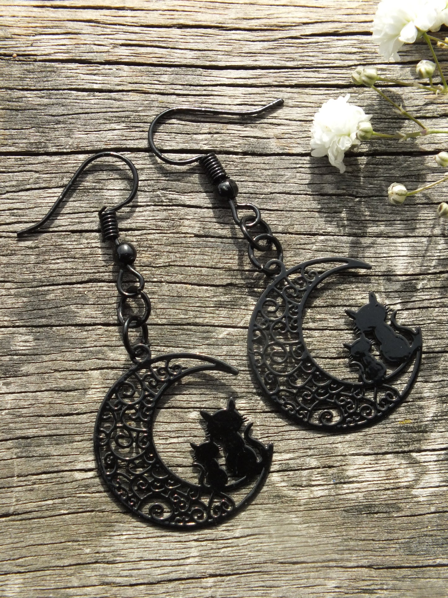 Black Cat Filigree Moon Earrings