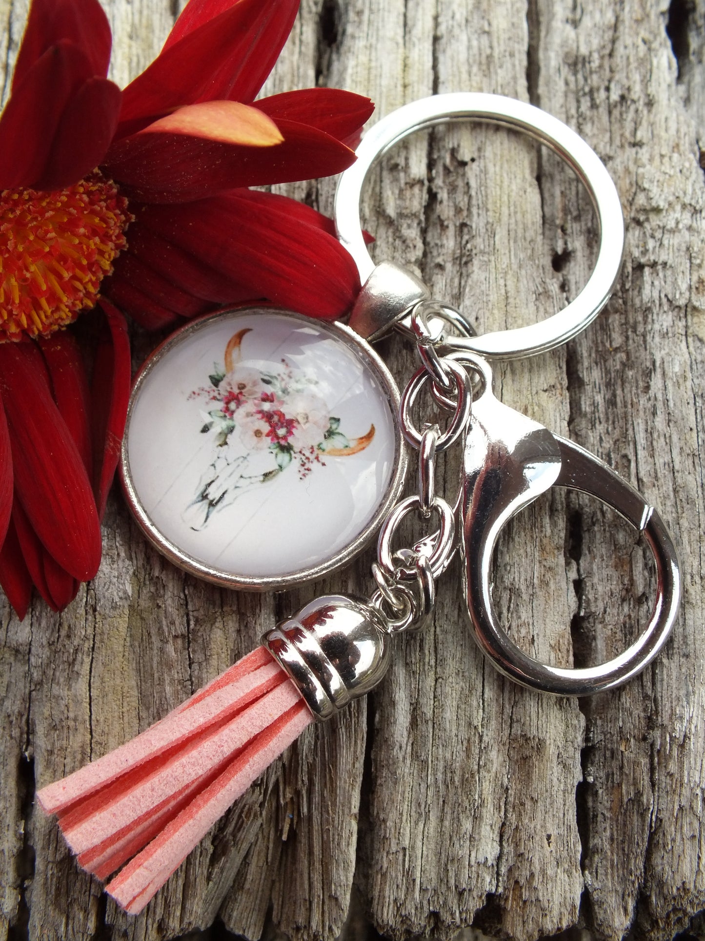 Floral Cow Skull Tassel Keyring