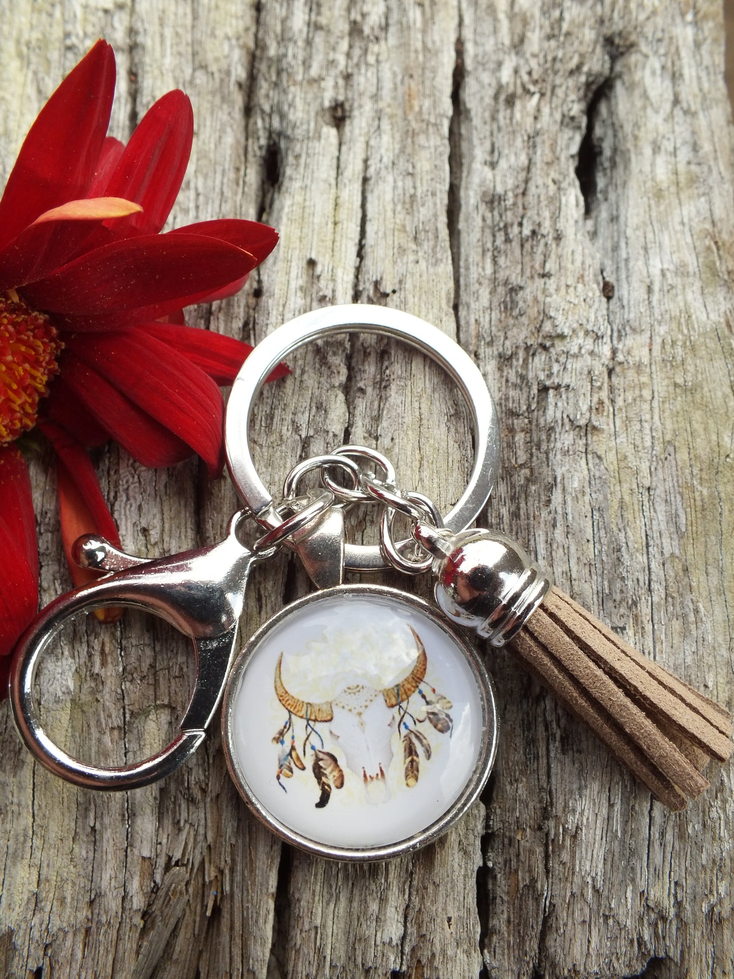 Native American Inspired Cow Skull Tassel Keyring