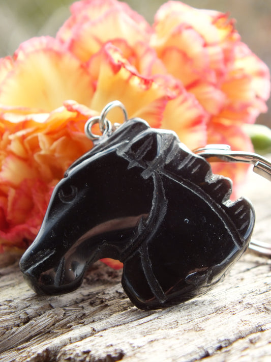 Carved Black Agate Horse Head Keyring