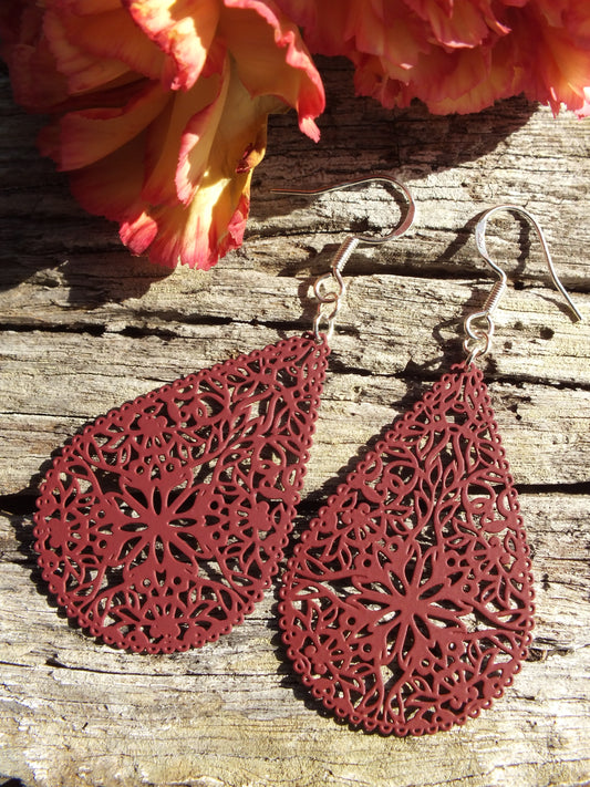 Burgundy Filigree Teardrop Earrings