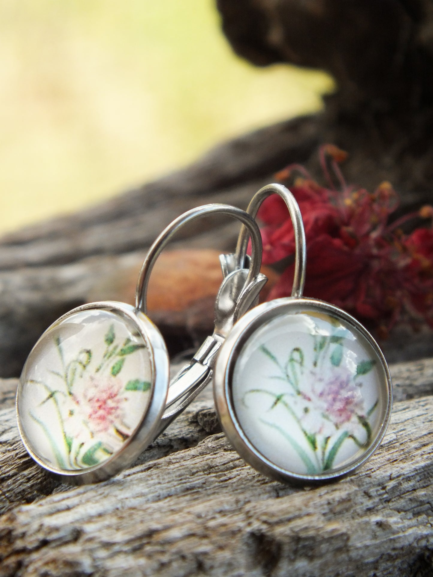 Pink Carnation Cabochon Earrings